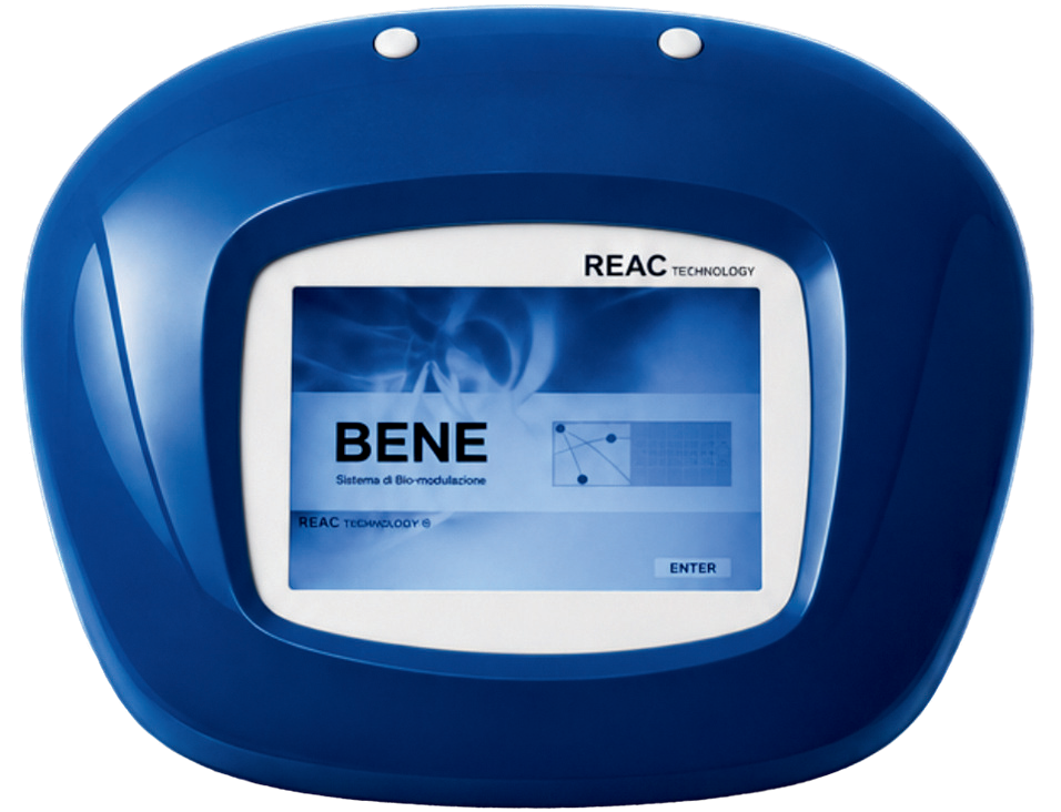 Dispositivo BENE Mod. 110: corpo blu con schermo frontale e marchio REAC Technology